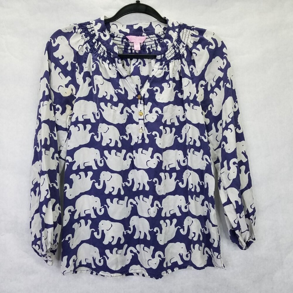 Lilly Pulitzer Elsa Pullover Blouse XS Blue White Elephant 100% Silk Beach Boho